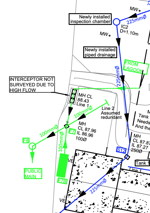 Showing the (green) Lagoon drainage system connected to the Public Sewer mains
