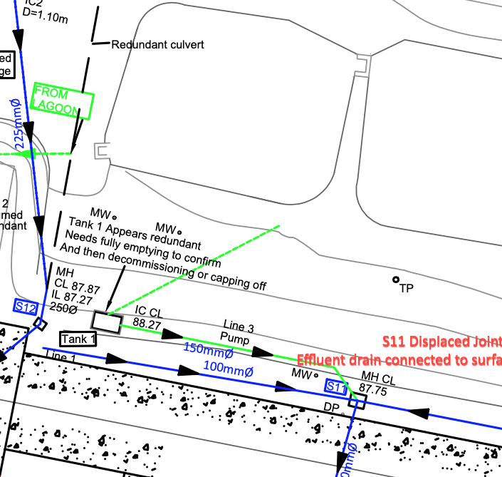 Showing another (green) Lagoon drainage system connected to the surface water pipes