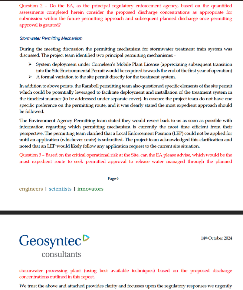 Geosyntec report requesting EA permission to discharge to the Wenning (and thus the river Lune) 